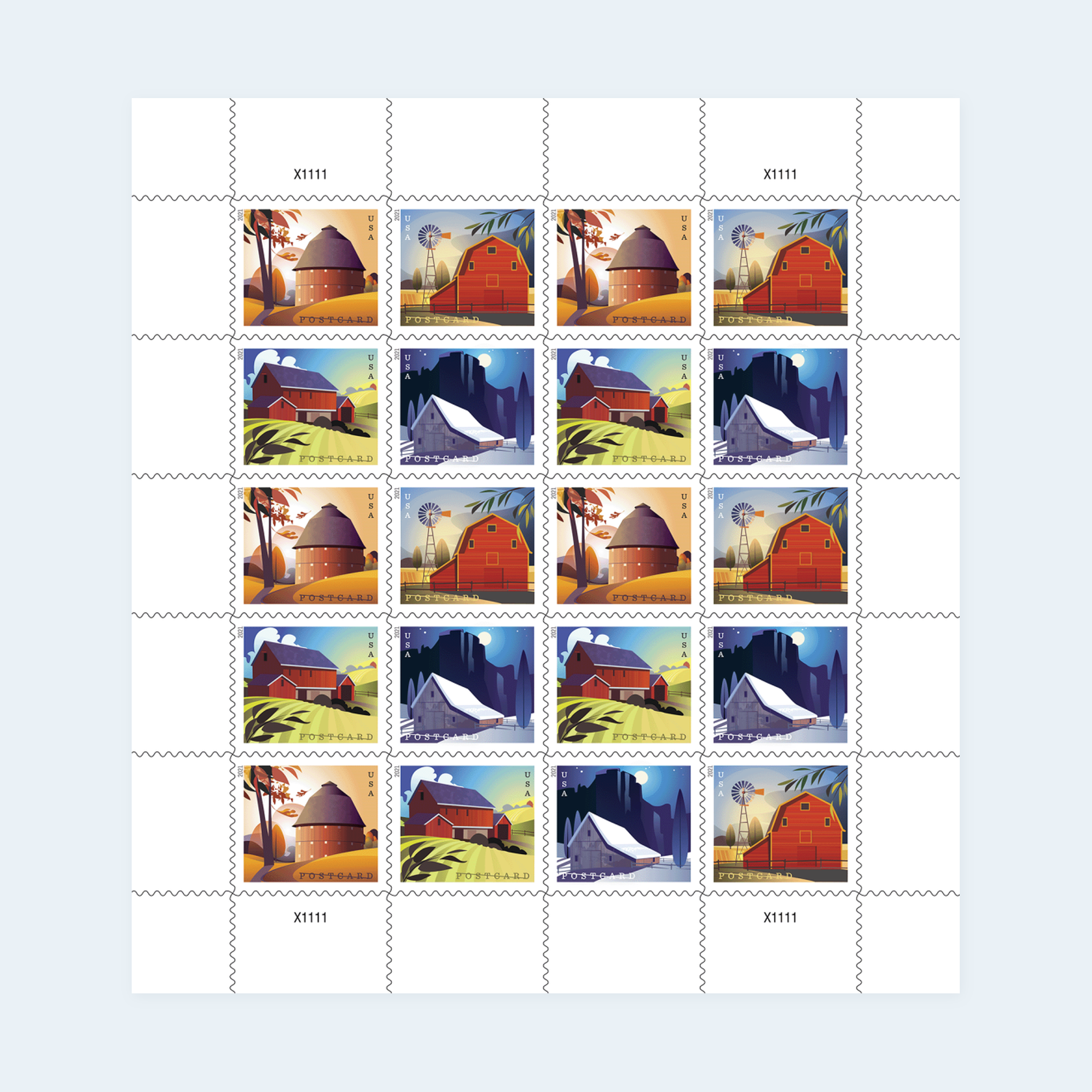 2021 Barns Postcard Stamps: Self-Adhesive Sheet for Domestic Postcards