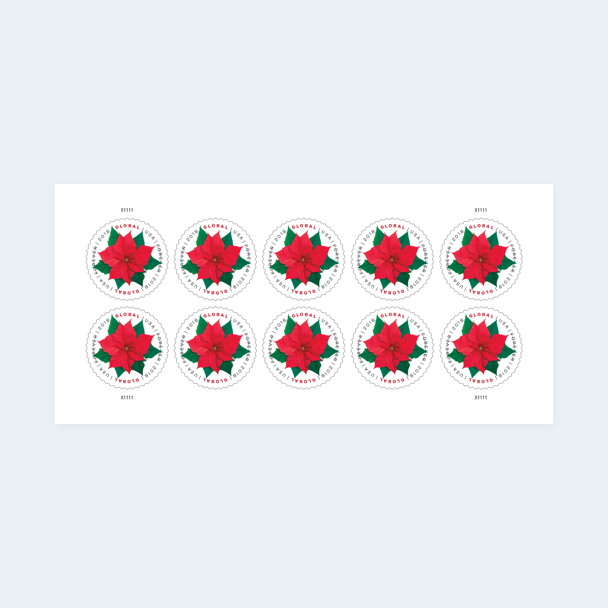 2018 Poinsettia Global Forever Stamps: Self-Adhesive Sheet for International Mail