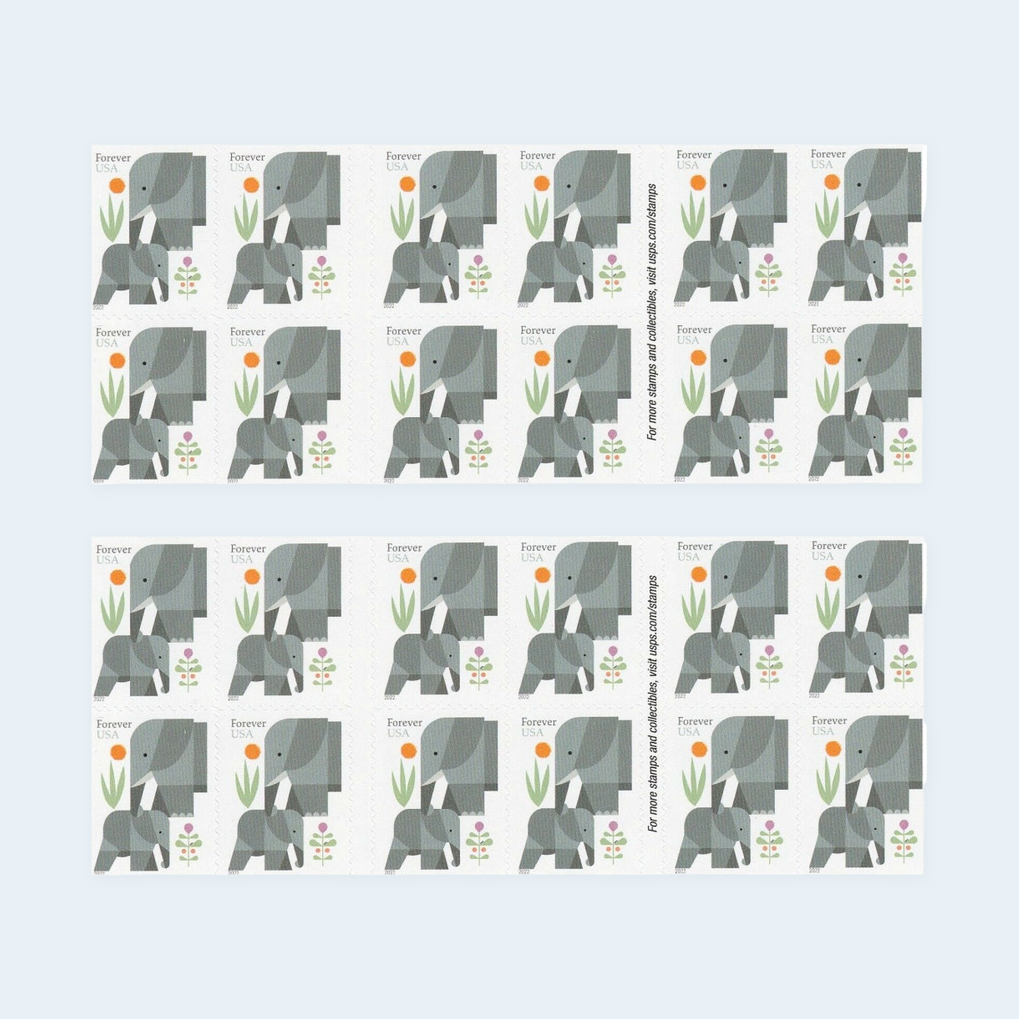 2022 Elephants Forever Stamps: Self-Adhesive Booklet for First-Class Mail