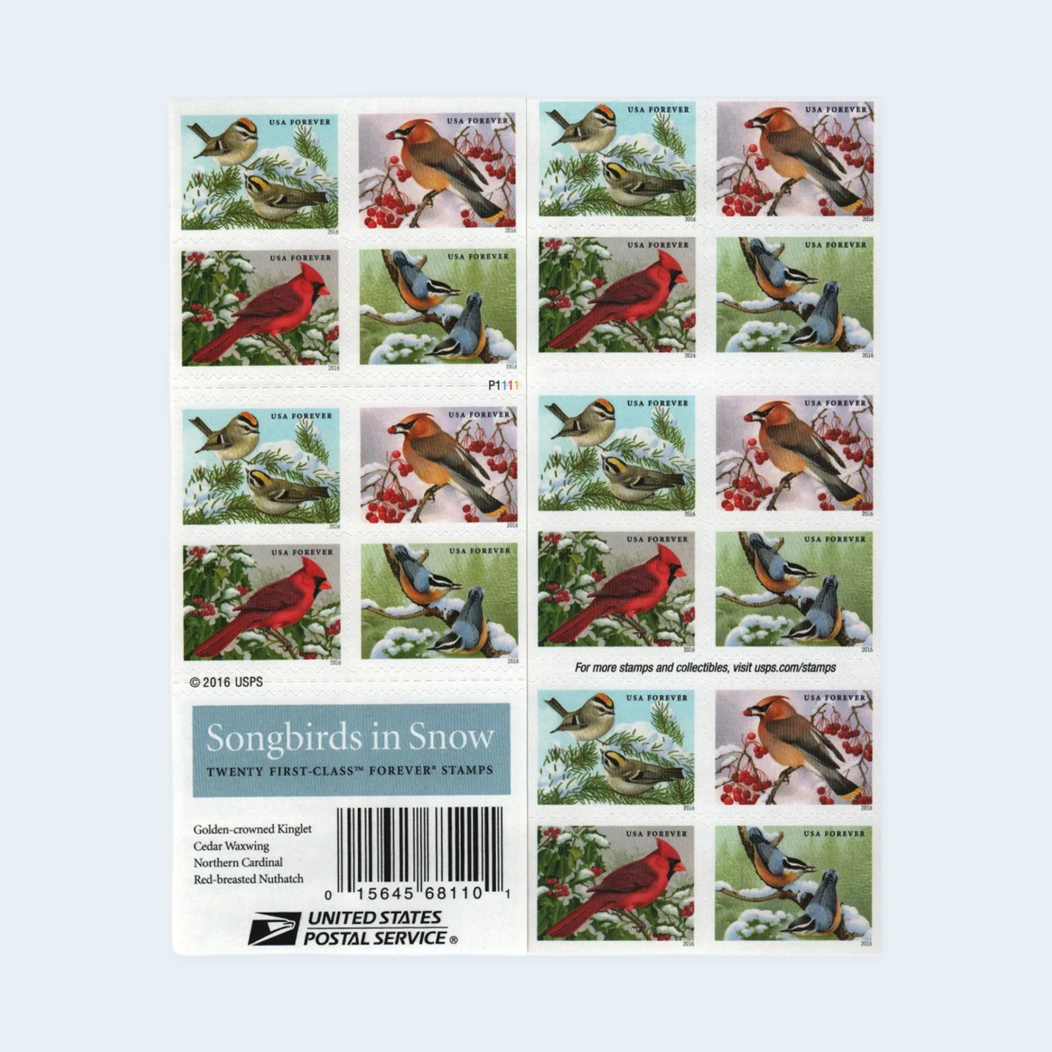 2016 Songbirds in Snow Forever Stamps: Self-Adhesive Booklet for First-Class Mail