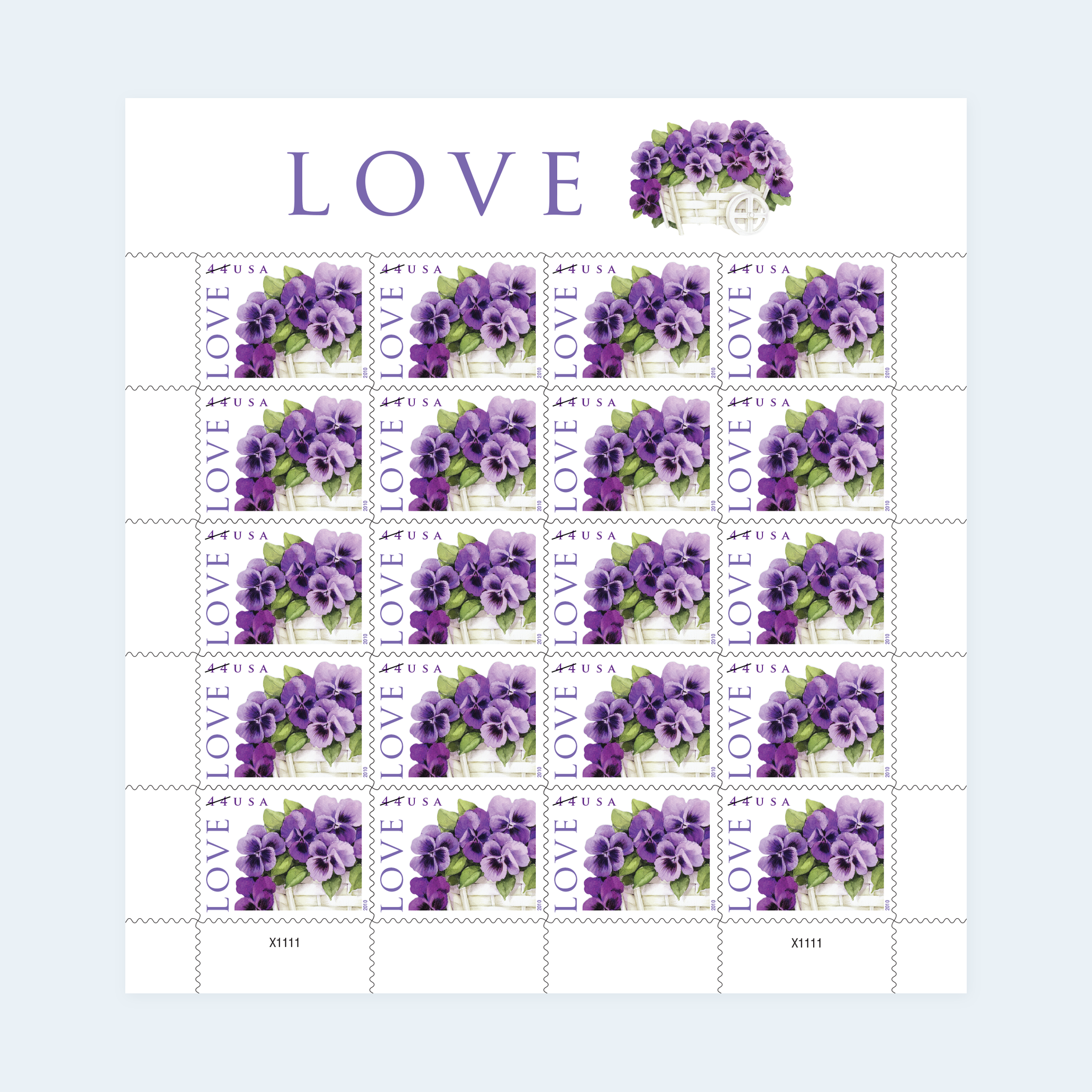 2010 Love Pansies in a Basket Postage Stamps: Self-Adhesive Sheet for Letter Mail